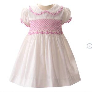 NWT Rachel Riley - Bow Scalloped Collar Puff Sleeve Smocked Dress, White & Pink